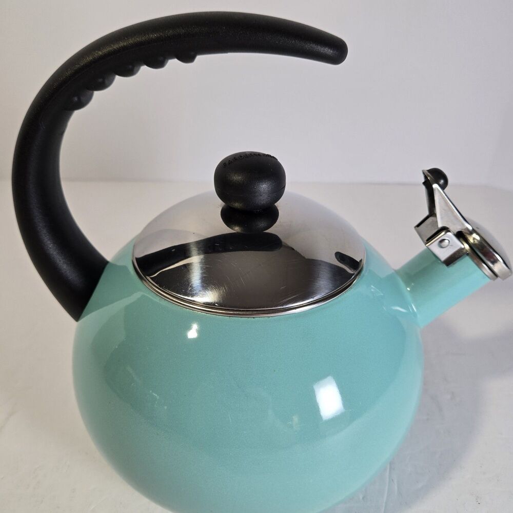 Farberware Luna 2.5 Qt Whistling Tea Kettle Aqua Turquoise Enamel Stovetop